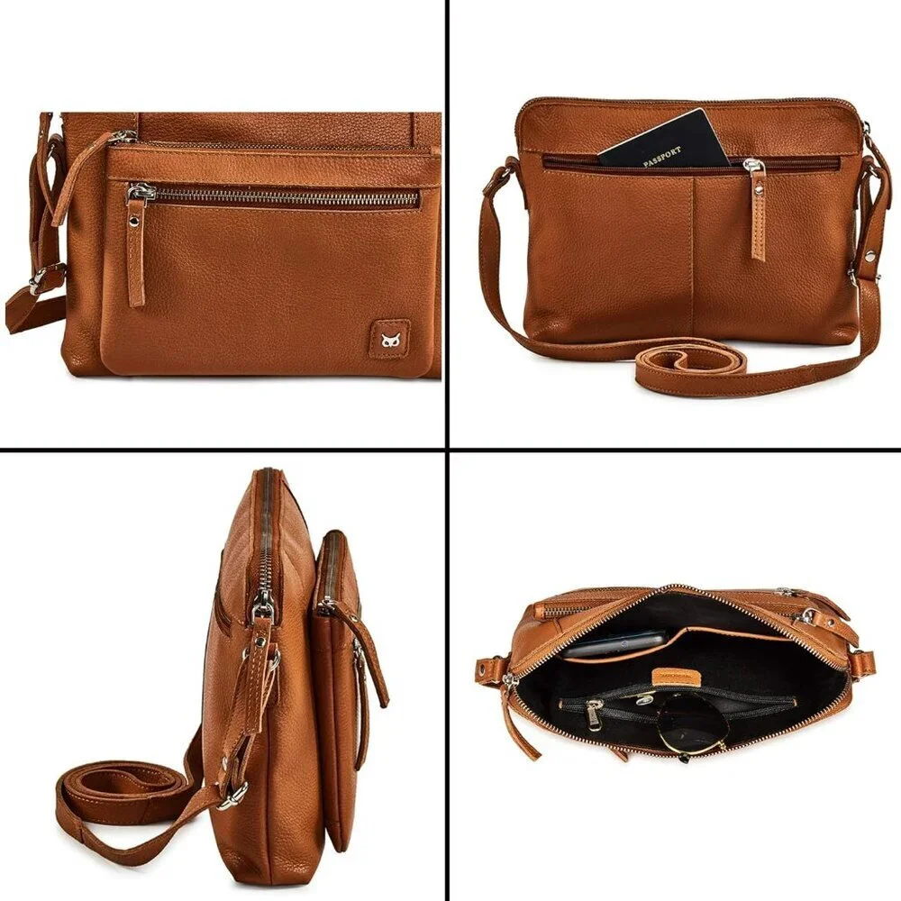 Women Cognac Imported Leather Polyester Crossbody Sling Shoulder Crossover Bag - Picture 6 of 6